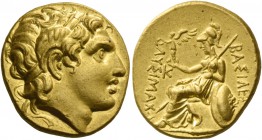 Kingdom of Thrace, Lysimachus, 323 – 281 and posthumous issues. Stater, uncertain mint circa 323-281, AV 8.50 g. Diademed head of deified Alexander r....