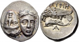 Moesia, Istrus. Drachm 4th-3rd century BC, AR 5.29 g. Two young male heads facing and united, one inverted. Rev. IΣTPIH Sea-eagle l., perching on dolp...