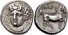 Thessaly, Larissa. Didrachm 350-300, AR 12.19 g. Head of nymph Larissa facing three-quarters l., wearing ampyx, earring and necklace. Rev. ΛAPI – Σ / ...