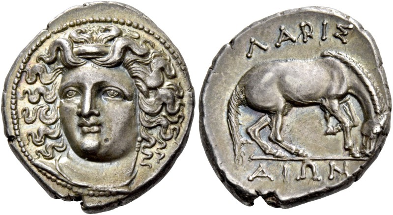 Thessaly, Larissa. Drachm 350-300, AR 6.13 g. Head of nymph Larissa facing three...
