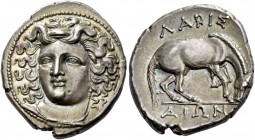 Thessaly, Larissa. Drachm 350-300, AR 6.13 g. Head of nymph Larissa facing three-quarters l., wearing ampyx, earring and necklace. Rev. ΛAPIΣ / AIΩN H...