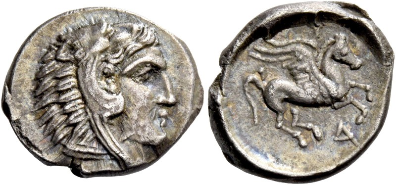 Illyria, Dyrrachium. Drachm circa 250-229, AR 2.31 g. Head of Heracles r., weari...