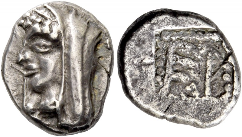Arcadia, Heraia. Hemidrachm circa 500-495, AR 2.99 g. Veiled head of Hera to l.,...