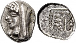 Arcadia, Heraia. Hemidrachm circa 500-495, AR 2.99 g. Veiled head of Hera to l., wearing stephane and beaded necklace. Rev. ΕΡ all within a shallow in...