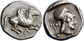 Epirus, Ambracia. Stater circa 460, AR 8.54 g. Pegasus flying r.; below, A. Rev. Head of Athena r., wearing Corinthian helmet and pearl necklace; behi...