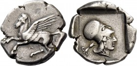 Epirus, Ambracia. Stater circa 426-404, AR 8.40 g. Pegasus flying l.; below, A. Rev. Head of Athena r., wearing Corinthian helmet; in l. field, winged...
