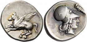 Epirus, Ambracia. Stater circa 404-360, AR 8.48 g. Pegasus flying l.; on hindquarter, A. Rev. Head of Athena r., wearing Corinthian helmet decorated w...