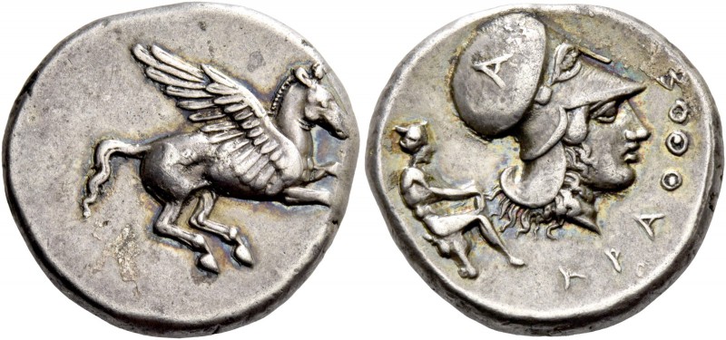 Epirus, Ambracia. Stater circa 380-360, AR 8.51 g. Pegasus flying r. Rev. Head o...