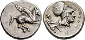 Epirus, Ambracia. Stater circa 380-360, AR 8.51 g. Pegasus flying r. Rev. Head of Athena r., wearing Corinthian helmet decorated with A; in r. field, ...