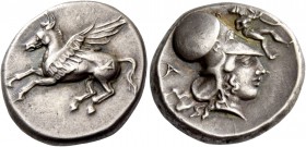 Epirus, Ambracia. Stater circa 380-360, AR 8.48 g. Pegasus flying l.; on hindquarter, A. Rev. Head of Athena r., wearing Corinthian helmet; in l. fiel...