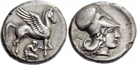 Epirus, Ambracia. Stater circa 380-360, AR 8.50 g. Pegasus standing r.; below, Bellerophon examining a raised hoof. Rev. Head of Athena r., wearing Co...