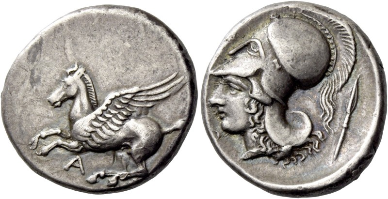 Epirus, Ambracia. Stater circa 360-338, AR 8.58 g. Pegasus flying l.; below, A. ...