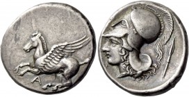 Epirus, Ambracia. Stater circa 360-338, AR 8.58 g. Pegasus flying l.; below, A. Rev. Head of Athena l., wearing crested Corinthian helmet; behind, spe...