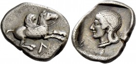 Leucas. Drachm circa 475-460, AR 2.64 g. Pegasus flying r.; below, Λ. Rev. Head of Aphrodite l., wearing a thin diadem and pearl necklace. Traité pl. ...