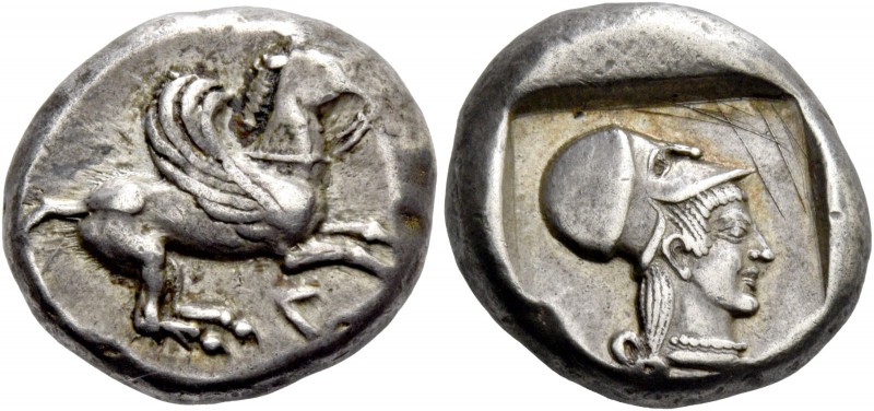 Leucas. Stater circa 470-450 BC, AR 8.47 g. Pegasus flying r.; below, Λ. Rev. He...