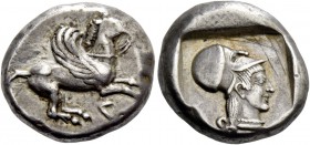 Leucas. Stater circa 470-450 BC, AR 8.47 g. Pegasus flying r.; below, Λ. Rev. Head of Athena r., wearing Corinthian helmet; all within partially incus...