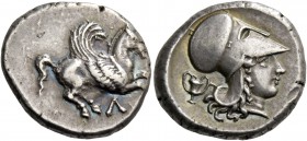 Leucas. Stater circa 400-375, AR 8.47 g. Pegasus flying r.; below, Λ. Rev. Head of Athena r., wearing Corinthian helmet; behind, kantharos. Calciati, ...