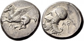 Leucas. Stater circa 400-350, AR 8.43 g. Pegasus flying l.; below, Λ. Rev. Head of Athena l., wearing Corinthian helmet; behind, caduceus and Λ. BMC 6...