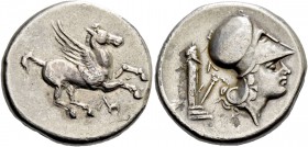 Leucas. Stater circa 350, AR 8.38 g. Pegasus flying r.; below, Λ. Rev. Head of Athena r., wearing Corinthian helmet; behind, ithyphallic herm, kerykei...