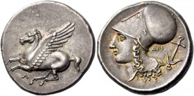 Leucas. Stater circa 330, AR 8.62 g. Pegasus flying l.; below, Λ. Rev. Head of Athena l., wearing Corinthian helmet; behind, API and anchor. BMC 103. ...