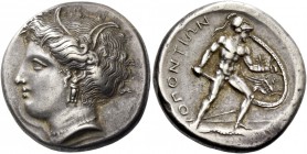 Locris, Locris Opunti. Stater circa 350, AR 12.19 g. Head of Demeter l., wearing barley wreath, earring and necklace. Rev. OΠONTIΩN Ajax wearing crest...