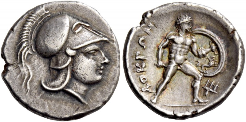 Locris, Locris Opunti. Tetrobol circa 300-275, AR 2.78 g. Head of Athena r., wea...