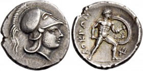 Locris, Locris Opunti. Tetrobol circa 300-275, AR 2.78 g. Head of Athena r., wearing Corinthian helmet. Rev. ΛOKPΩN Naked warrior, without helmet, adv...