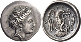 Eubea, Chalcis. Drachm circa 290-271, AR 3.73 g. Head of nymph Chalcis r. wearing earring and necklace. Rev. X – AΛ Eagle standing r. with open wings ...
