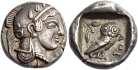 Attica, Athens. Drachm circa 470-460, AR 4.28 g. Head of Athena r., wearing crested Athenian helmet and disc earring; bowl ornamented with spiral and ...
