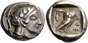 Attica, Athens. Drachm circa 465-460, AR 4.26 g. Head of Athena r., wearing crested Athenian helmet and disc earring; bowl ornamented with spiral and ...