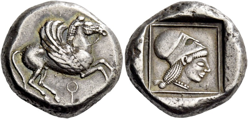 Corinthia, Corinth. Stater circa 515-480, AR 8.64 g. Pegasus flying r.; below []...