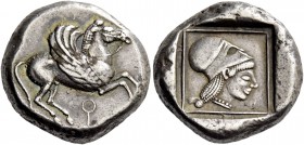 Corinthia, Corinth. Stater circa 515-480, AR 8.64 g. Pegasus flying r.; below []. Rev. Head of Athena r., wearing Corinthian helmet; around, linear fr...