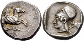 Corinthia, Corinth. Stater circa 470, AR 8.62 g. Pegasus flying r.; below, [koppa]. Rev. Head of Athena l., wearing Corinthian helmet; in r. field, [k...
