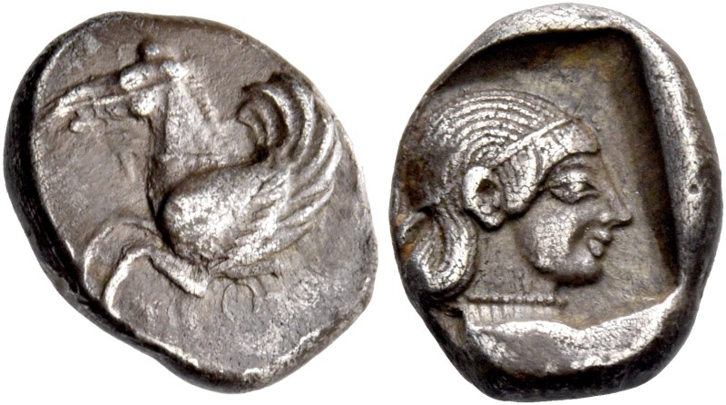 Corinthia, Corinth. Hemidrachm circa 470, AR 1.41 g. Forepart of Pegasus l. Rev....