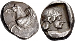 Corinthia, Corinth. Hemidrachm circa 470, AR 1.41 g. Forepart of Pegasus l. Rev. Head of Aphrodite r., wearing thin diadem and pearl necklace. All wit...