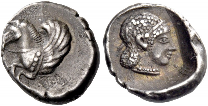 Corinthia, Corinth. Hemidrachm circa 470, AR 1.45 g. Forepart of Pegasus l. Rev....