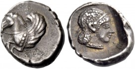 Corinthia, Corinth. Hemidrachm circa 470, AR 1.45 g. Forepart of Pegasus l. Rev. Head of Aphrodite r., wearing thin diadem and pearl necklace. All wit...