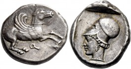 Corinthia, Corinth. Stater circa 460-450, AR 8.52 g. Pegasus flying r.; below, []. Rev. Head of Athena l., wearing Corinthian helmet. All within parti...