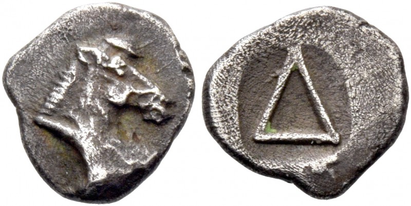 Corinthia, Corinth. Diobol circa 450, AR 0.69 g. Head of Pegasus r. Rev. Large Δ...