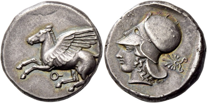 Corinthia, Corinth. Stater circa 450-400, AR 8.58 g. Pegasus flying l.; below, [...