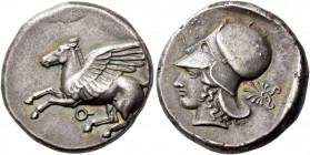 Corinthia, Corinth. Stater circa 450-400, AR 8.58 g. Pegasus flying l.; below, [koppa]. Rev. Head of Athena l., wearing Corinthian helmet; in r. field...