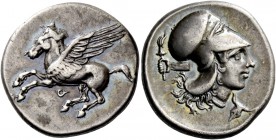 Corinthia, Corinth. Stater circa 400-380, AR 8.47 g. Pegasus flying l.; below, [koppa]. Rev. Head of Athena r., wearing Corinthian helmet; in l. field...