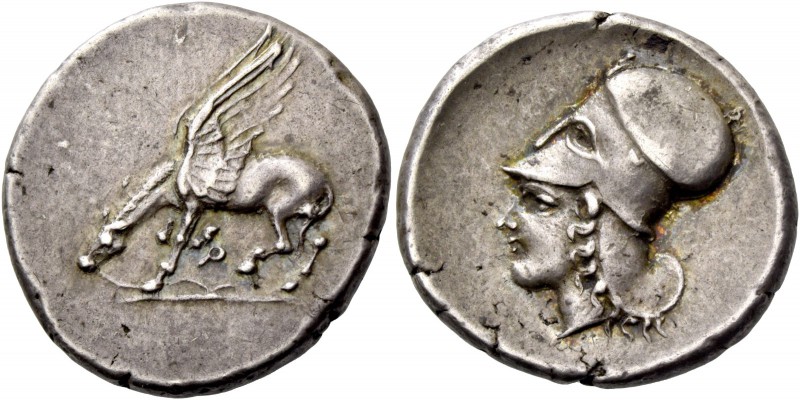 Corinthia, Corinth. Stater circa 400-380, AR 8.58 g. Pegasus standing l. and dri...