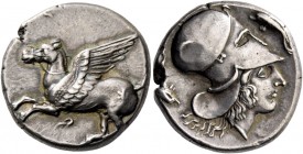 Corinthia, Corinth. Stater circa 380-360, AR 8.48 g. Pegasus flying l.; below, [koppa]. Rev. Head of Athena r.; in field, two dolphins. Ravel 819. Cal...