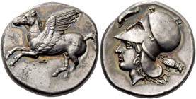 Corinthia, Corinth. Stater circa 380-360, AR 8.48 g. Pegasus flying l.; below, [koppa]. Rev. Head of Athena l.; in l. field, dolphin and in r. field, ...
