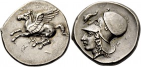 Corinthia, Corinth. Stater circa 380-360 AR 8.88 g. Pegasus flying l.; below, [koppa]. Rev. Head of Athena l.; in l. field, dolphin and in r. field, Σ...