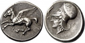 Corinthia, Corinth. Stater circa 380-360 AR 8.53 g. Pegasus flying l.; below, [koppa]. Rev. Head of Athena l.; in l. field, dolphin and in r. field, Σ...