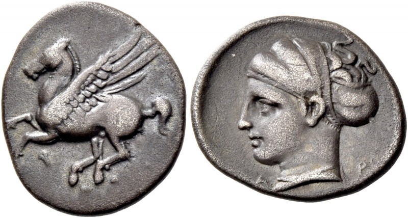Corinthia, Corinth. Drachm circa 350, AR 2.66 g. Pegasus flying l.; below, [kopp...