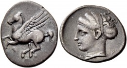 Corinthia, Corinth. Drachm circa 350, AR 2.66 g. Pegasus flying l.; below, [koppa]. Rev. Head of Aphrodite l.; wearing sakkos; below, A – P. BMC pl. X...