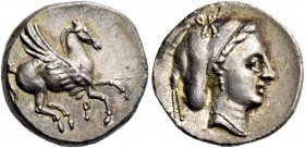 Corinthia, Corinth. Drachm circa 350, AR 2.32 g. Pegasus flying r.; below, [koppa]. Rev. Head of Aphrodite r.; wearing sakkos. Winterthur 2098. SNG Lo...